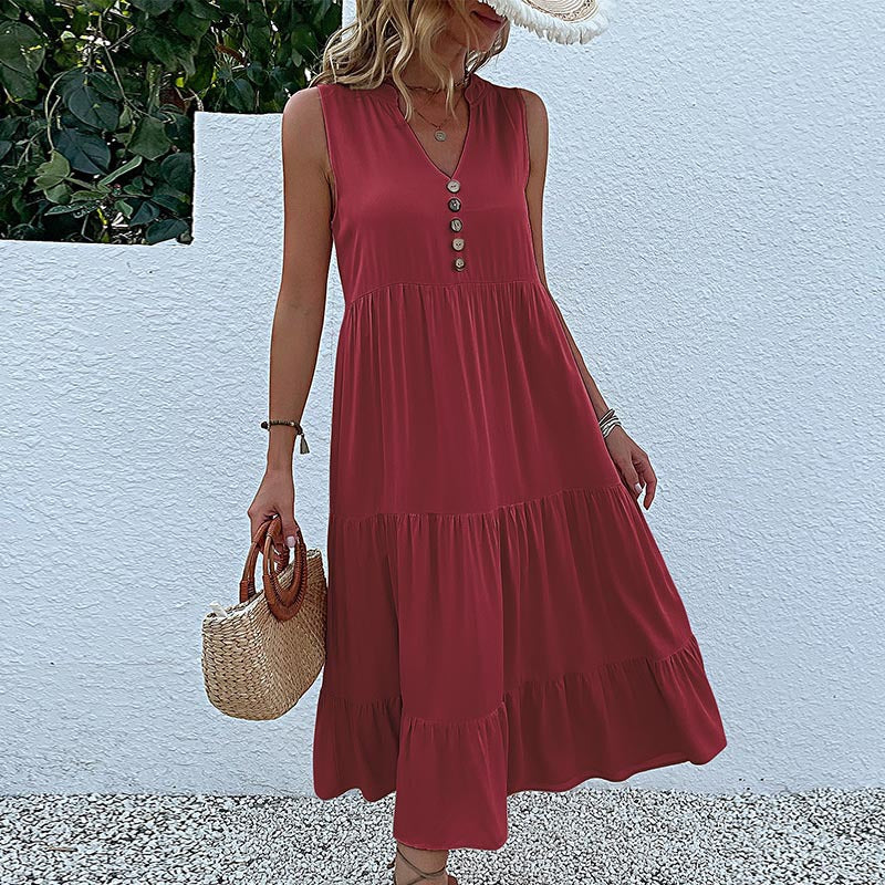 Sleeveless Draped Dress Loose V-neck Mid-Length Dress