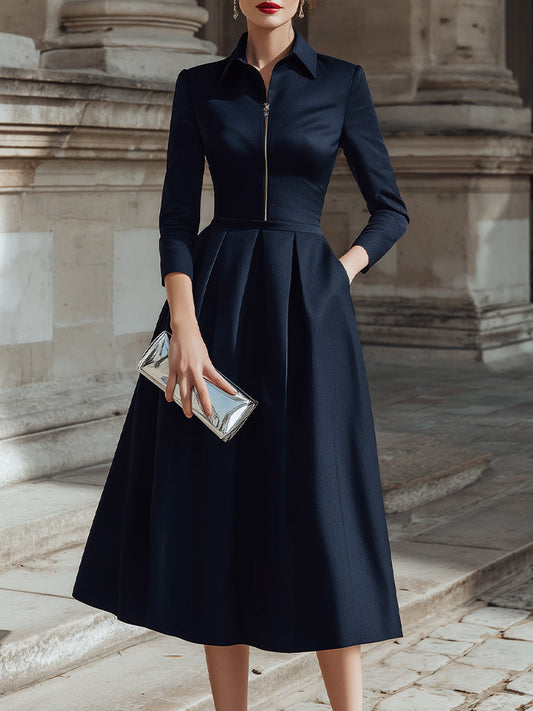 Collared Zip-Front Midi Dress With Tailored Pleats