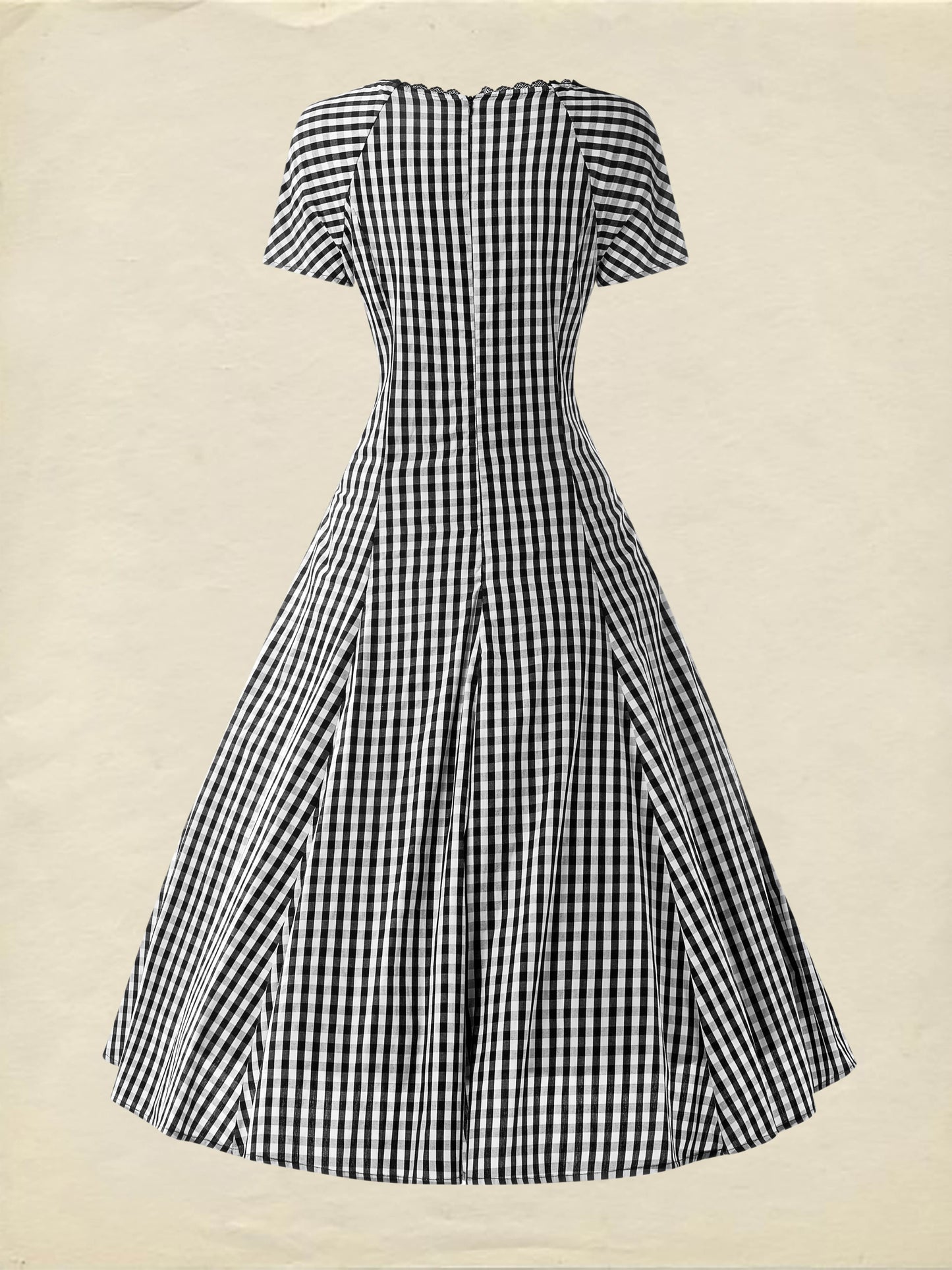 Cotton Midi Dress, Short Sleeve, Lace Collar, Plaid, Vintage, White