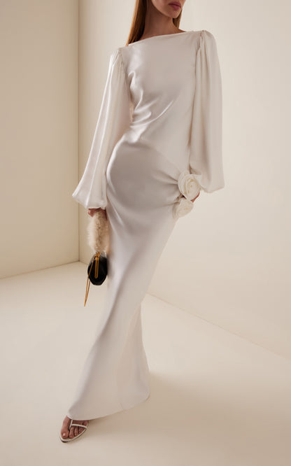 Vivir Baloon-Sleeve Rose-Detailed Hammered-Satin Maxi Dress