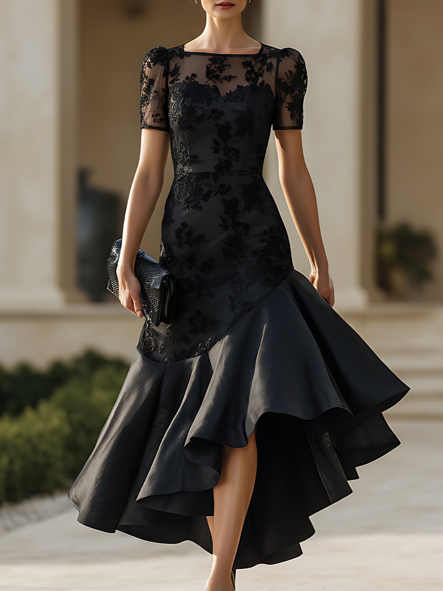 Sheer Neckline High-Low Midi Dress With Sculpted Silhouette