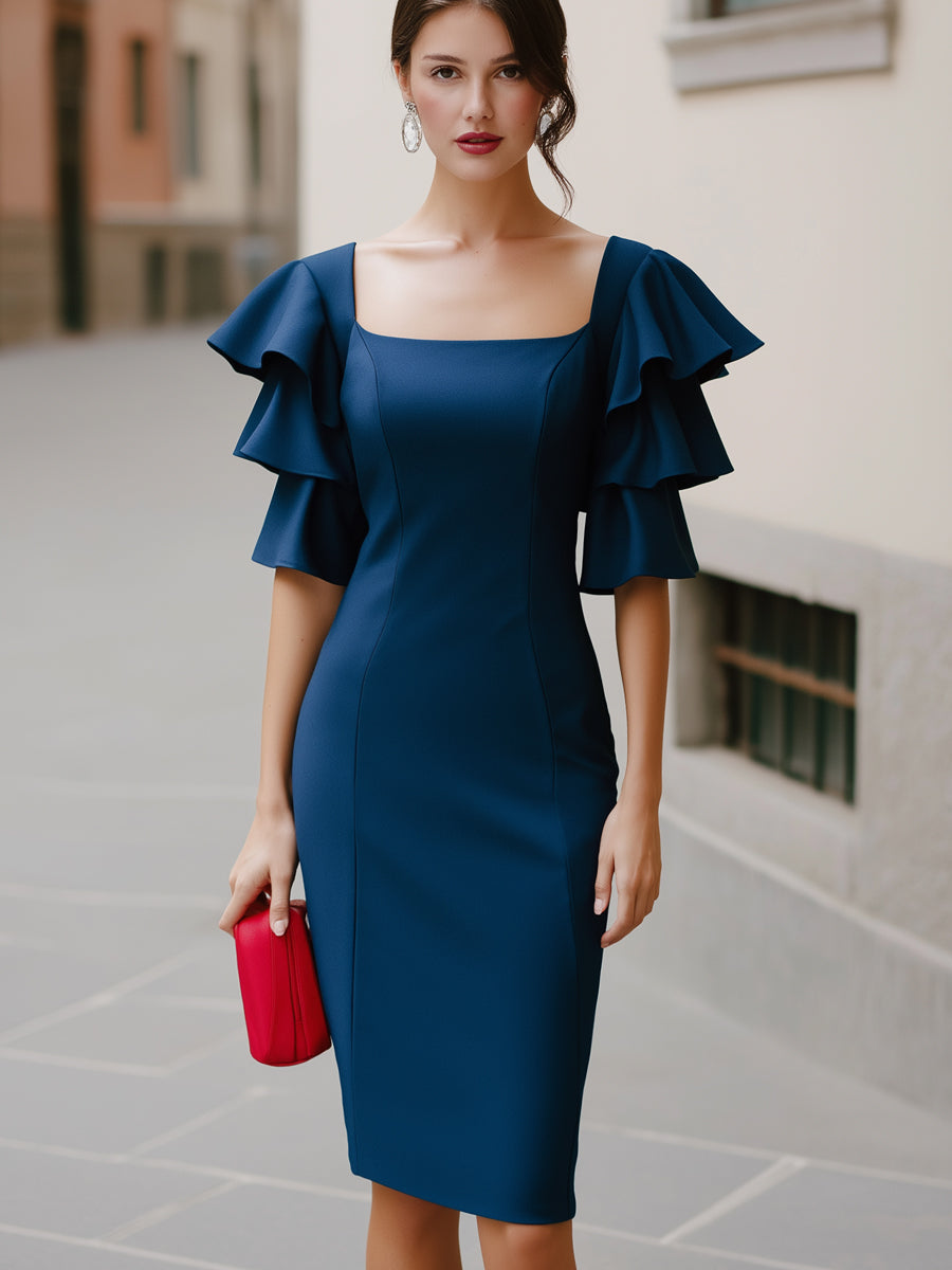 Square Neck Ruffle Sleeve Fitted Midi Dress