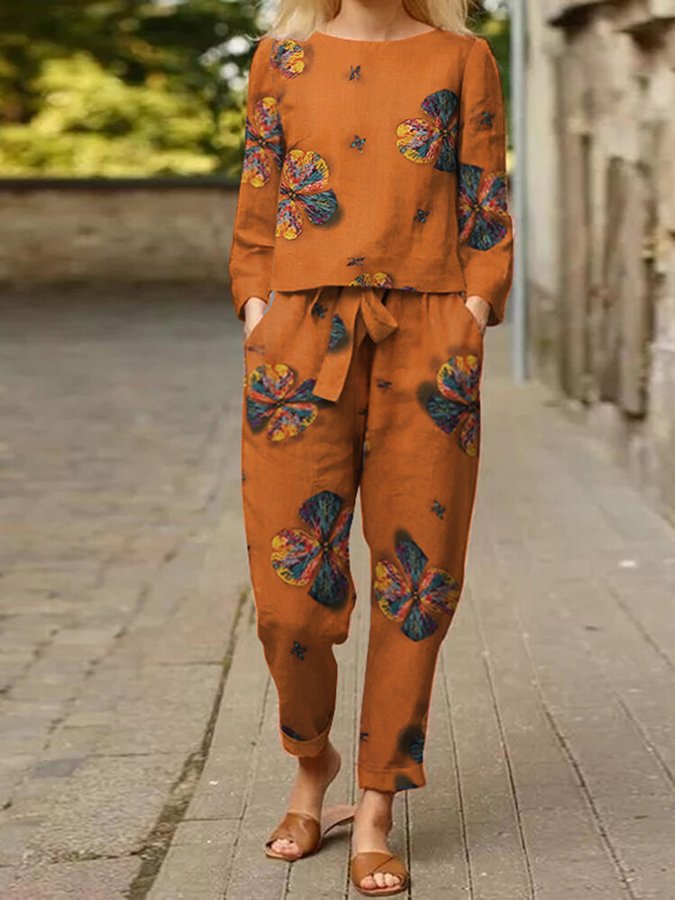 women's Vintage Flower Print Two-piece Set Suit