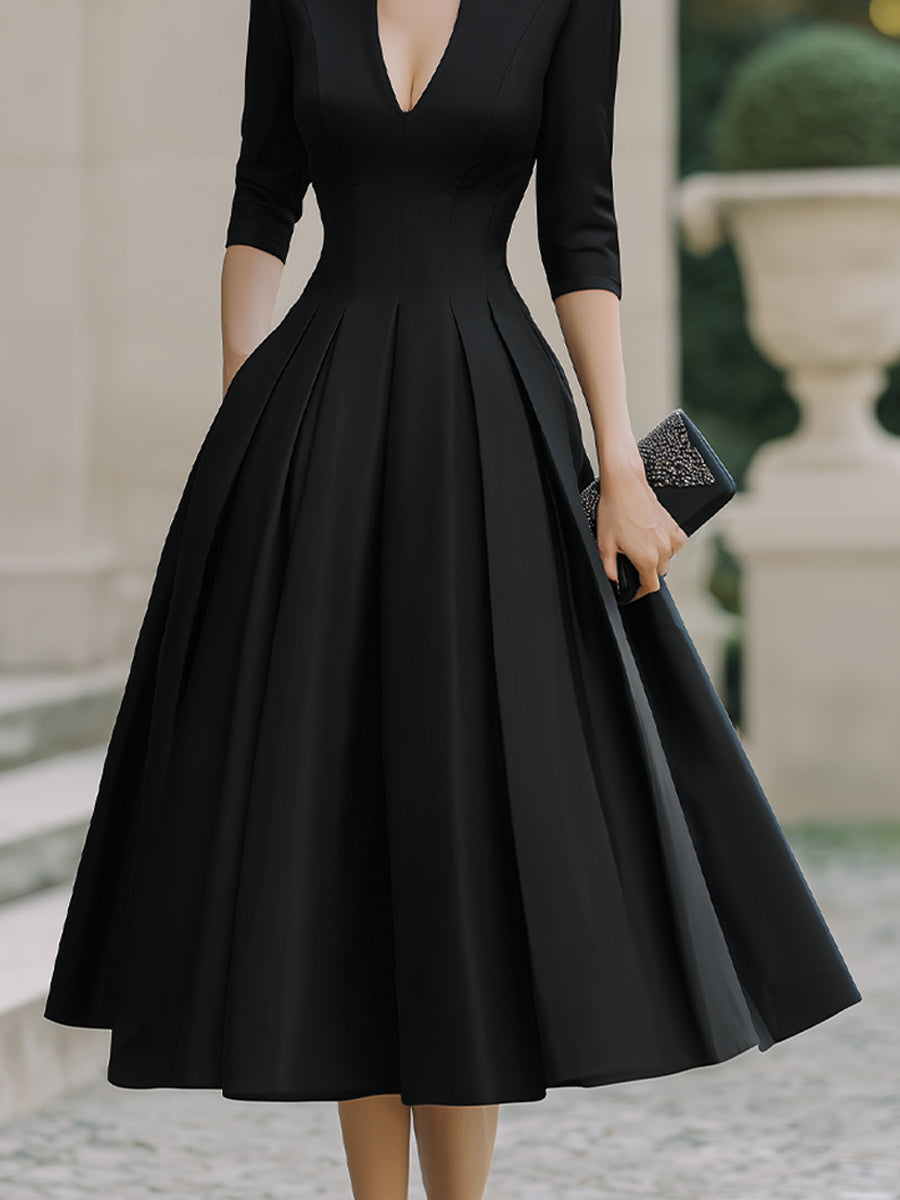 Deep V-Neck Pleated Midi Dress