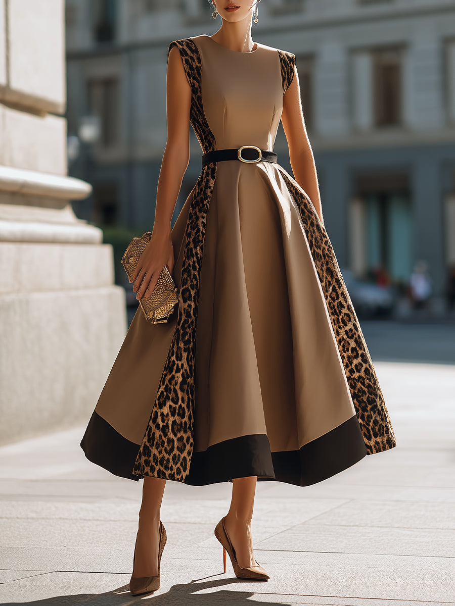 Leopard Panel Belted A-Line Maxi Dress
