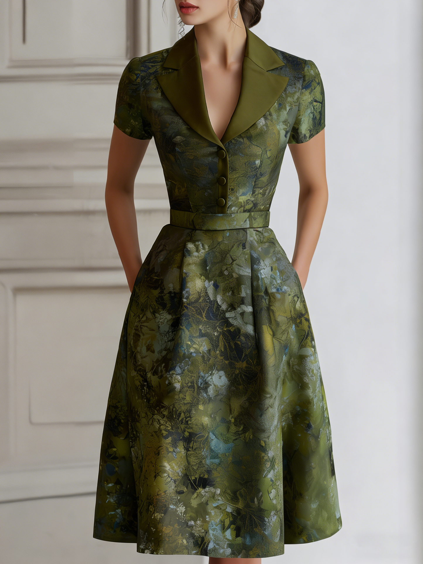 Floral Lapel Short Sleeve Midi Dress With Tailored Waist