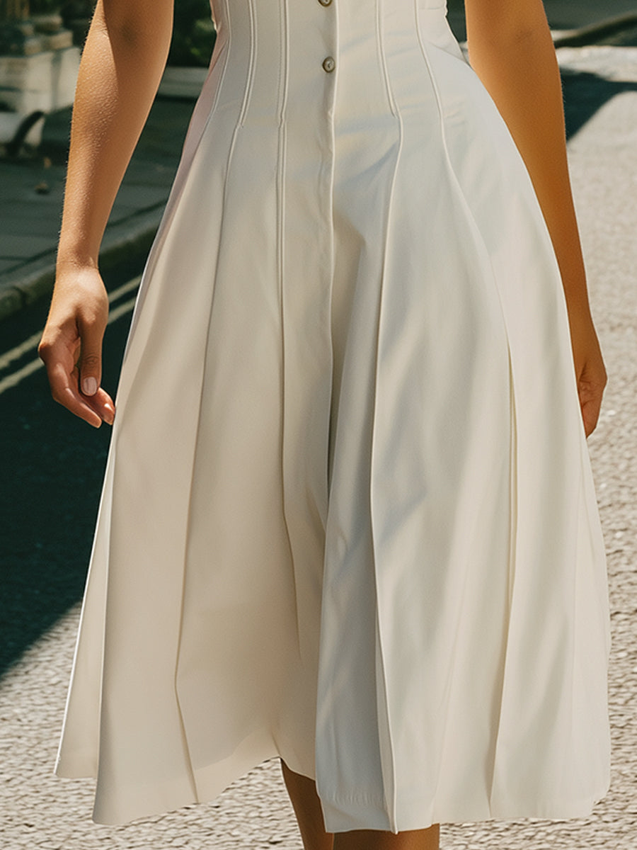 White Tailored Button-Front Midi Dress With Short Sleeves