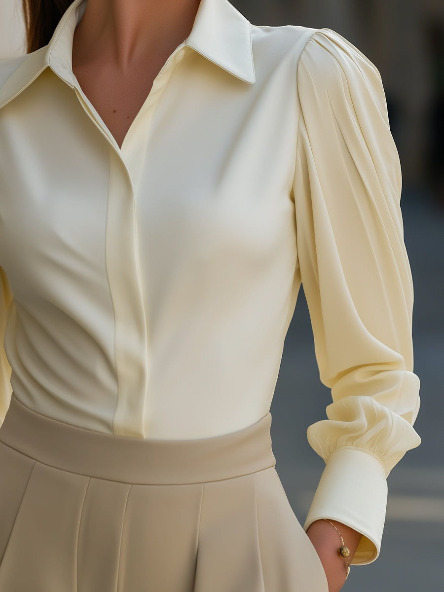 Puff Sleeve Button-Front Blouse With Point Collar