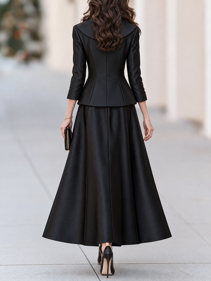 Elegant Shawl Collar Peplum Blazer And Flared Maxi Skirt Set