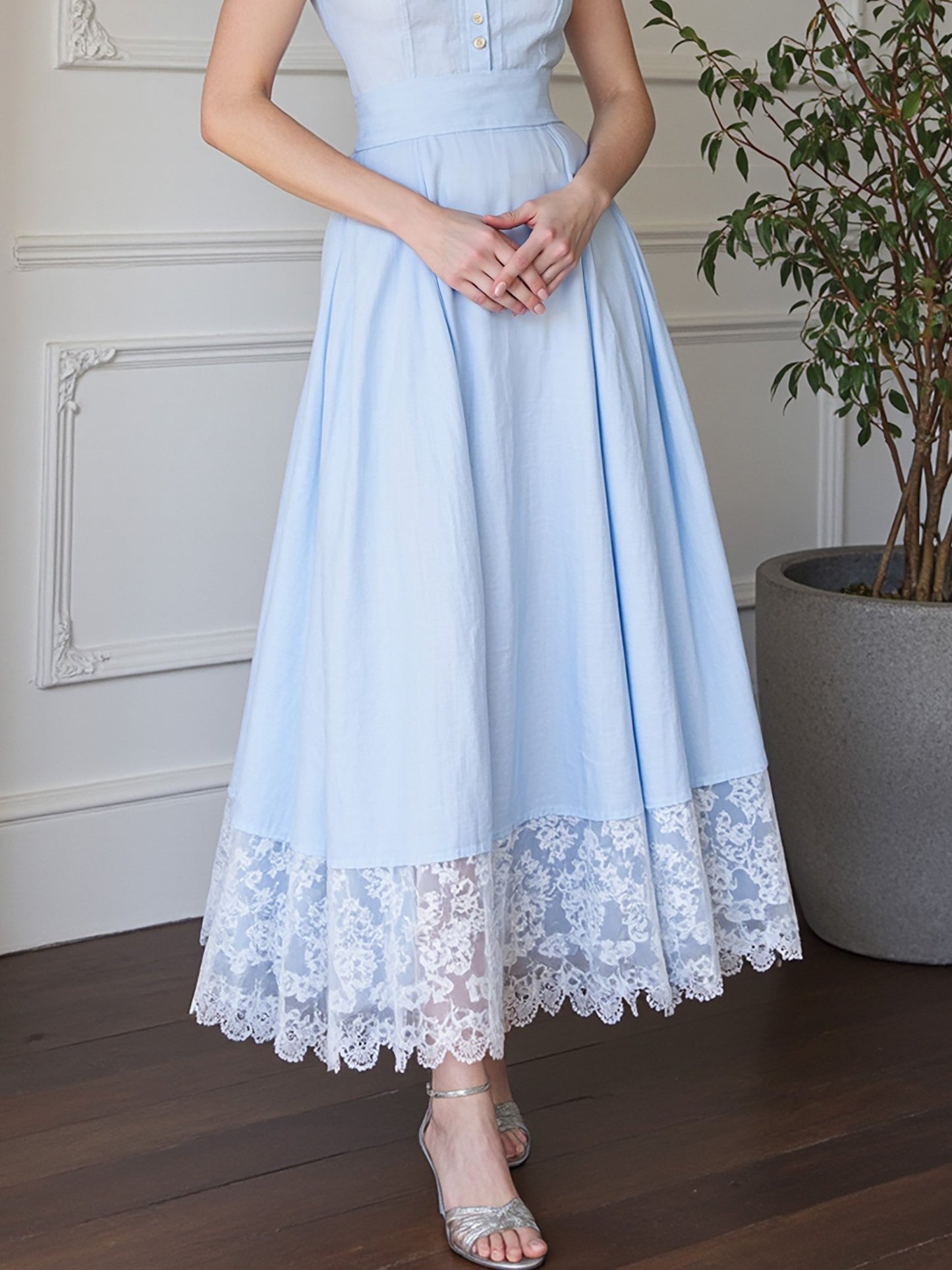 Maxi Cotton Dress , Short Sleeves, V Neck, Plain, Lace, French Vintage, Aqua blue