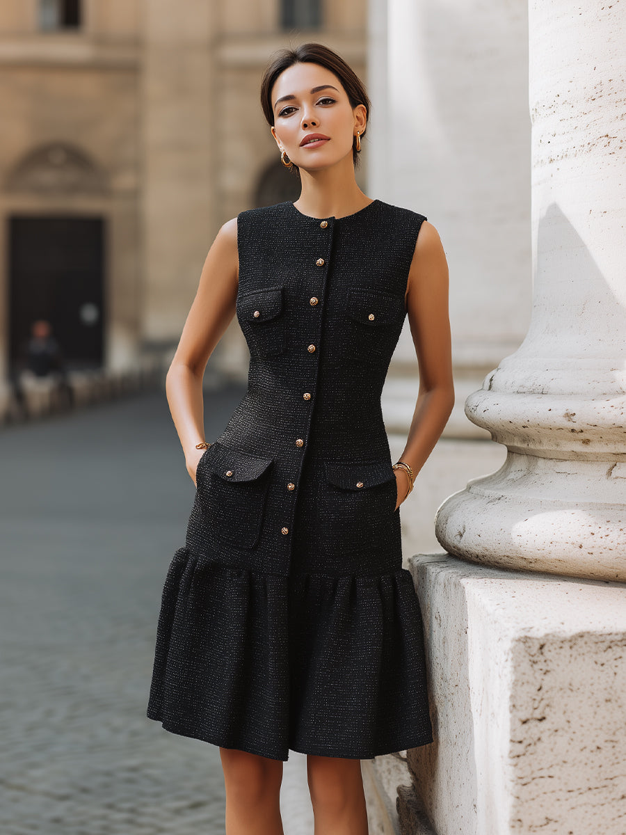 Elegant Tweed Button-Down Peplum Mini Dress