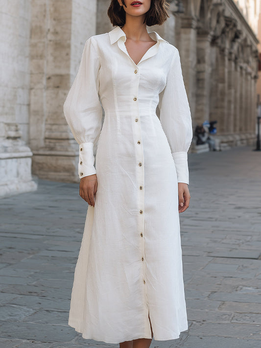 Elegant Linen-Blend Lantern Sleeve Midi Shirt Dress