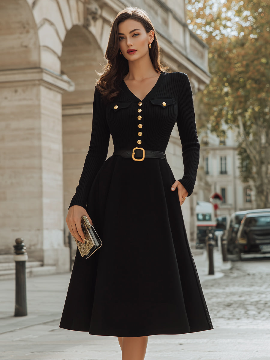 Long Sleeve Buttoned V-Neck A-Line Midi Dress