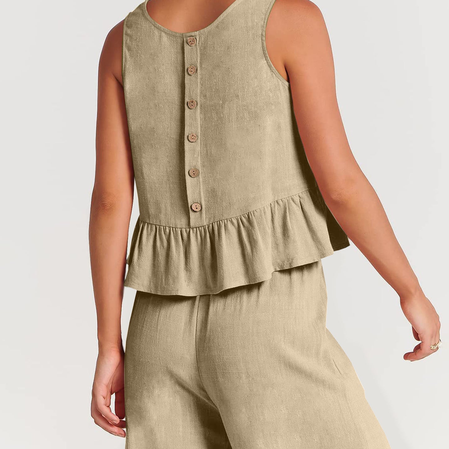 Casual Suit Ruffled Sleeveless Cotton Linen Solid Color Two-Piece Set