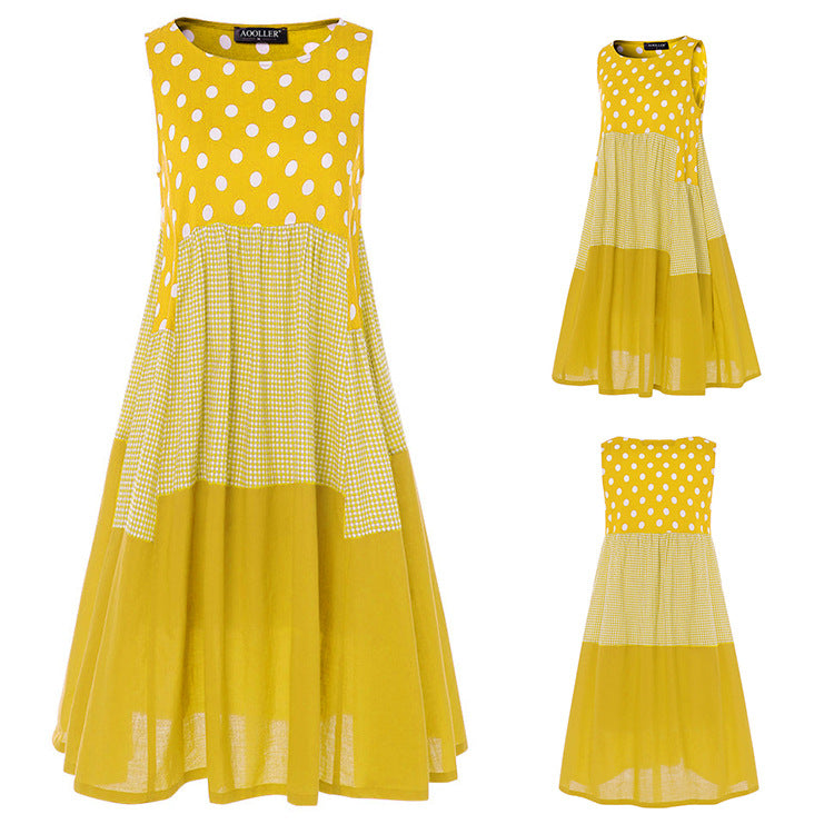 Plus Size Polka Dot Sleeveless Dress Mid-Length Cotton and Linen Waist Trimming Slimming Dress