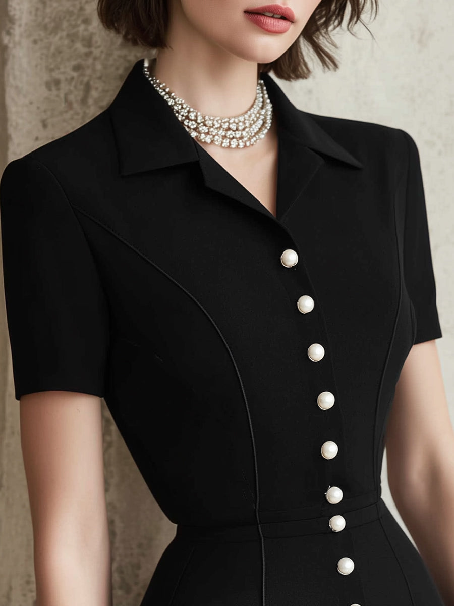 Black Tailored Button-Front Midi Dress With Short Sleeves