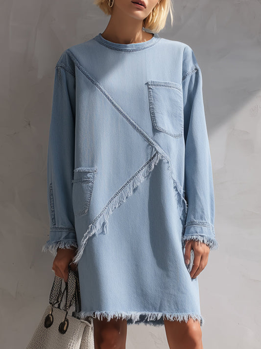 Light Blue Raw-Edge Denim Mini Dress