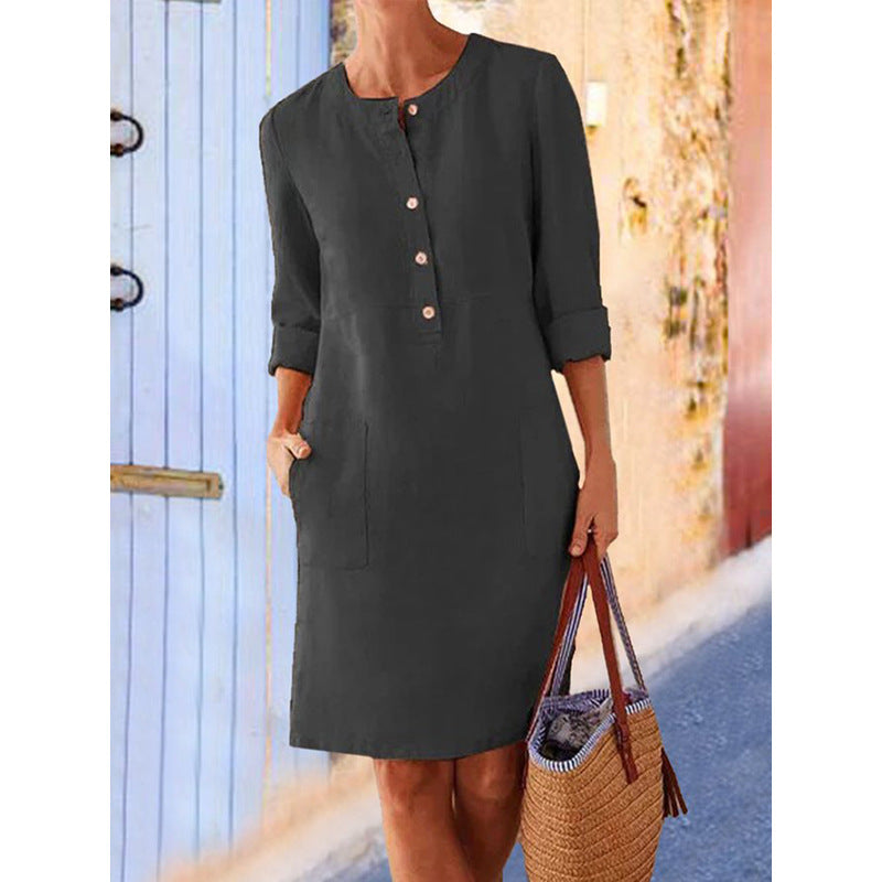 Plus Size Spring NEW round Neck Solid Color Long Sleeve Dress