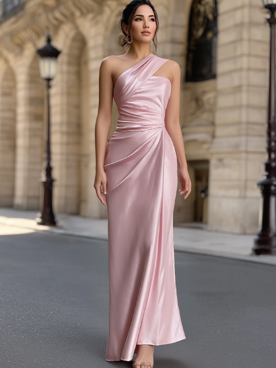 One-Shoulder Draped Satin Maxi Dress