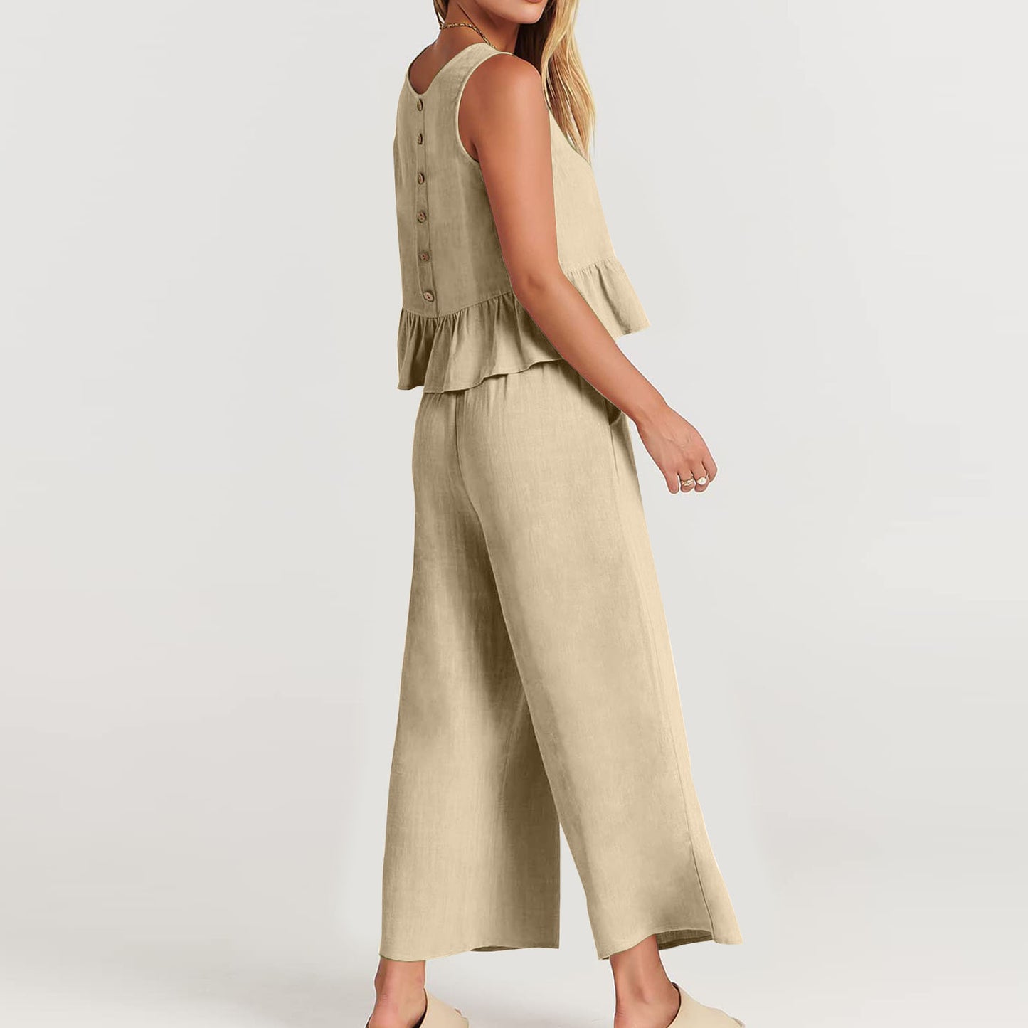 Casual Suit Ruffled Sleeveless Cotton Linen Solid Color Two-Piece Set