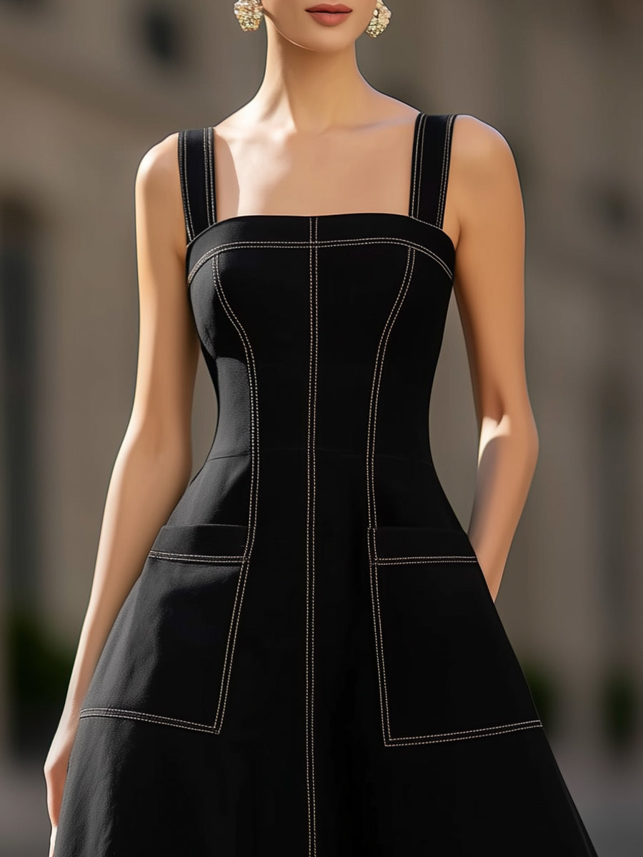 Quare Neck Midi Dress With Patch Pockets