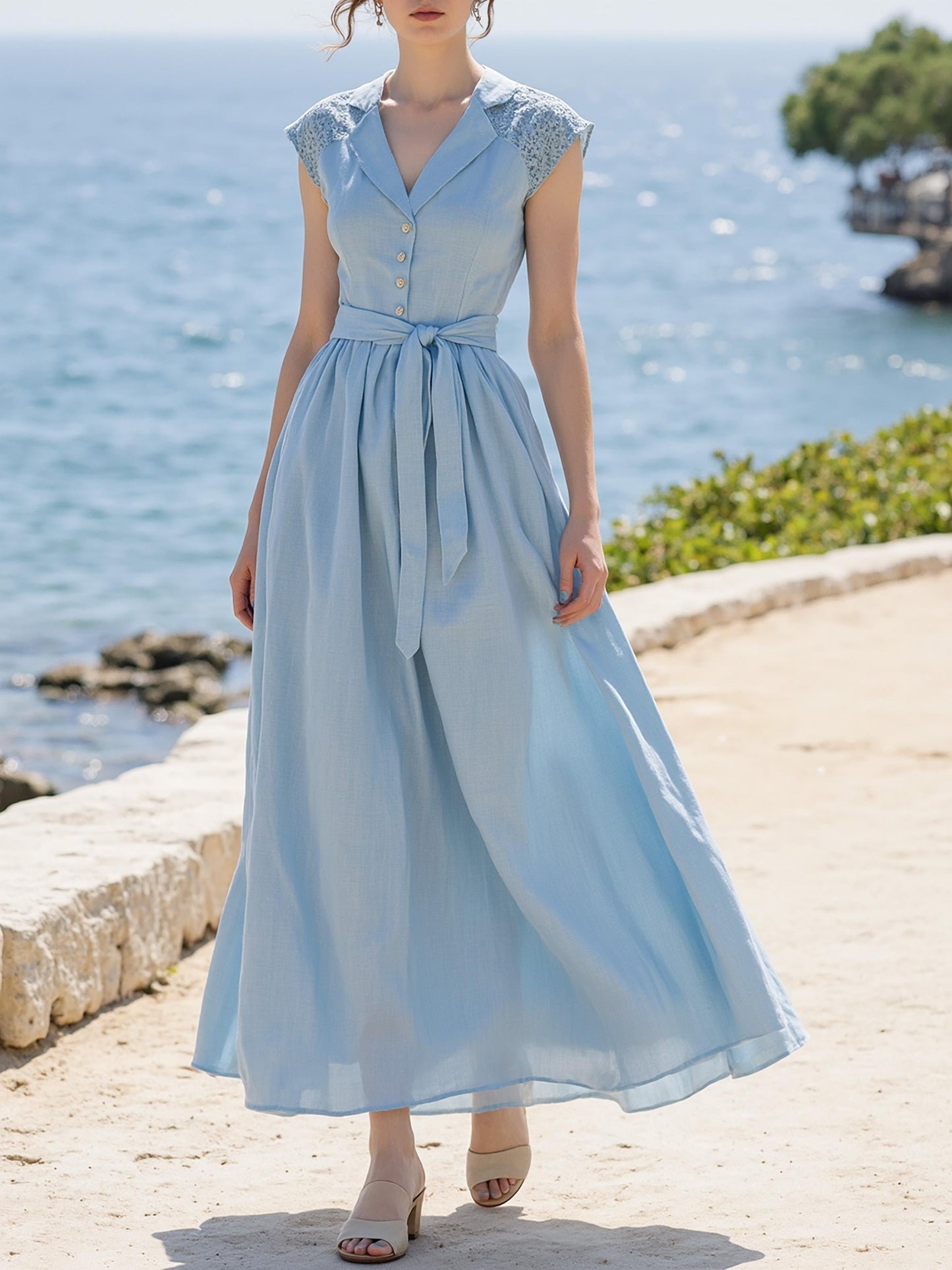 Maxi Linen Dress , Cap Sleeves, Shawl Collar, Plain, Lace, Vintage, Blue