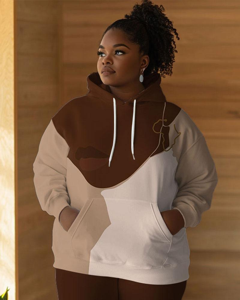 Brown Girl Face Print Long Sleeve Hoodie Two Pieces Set