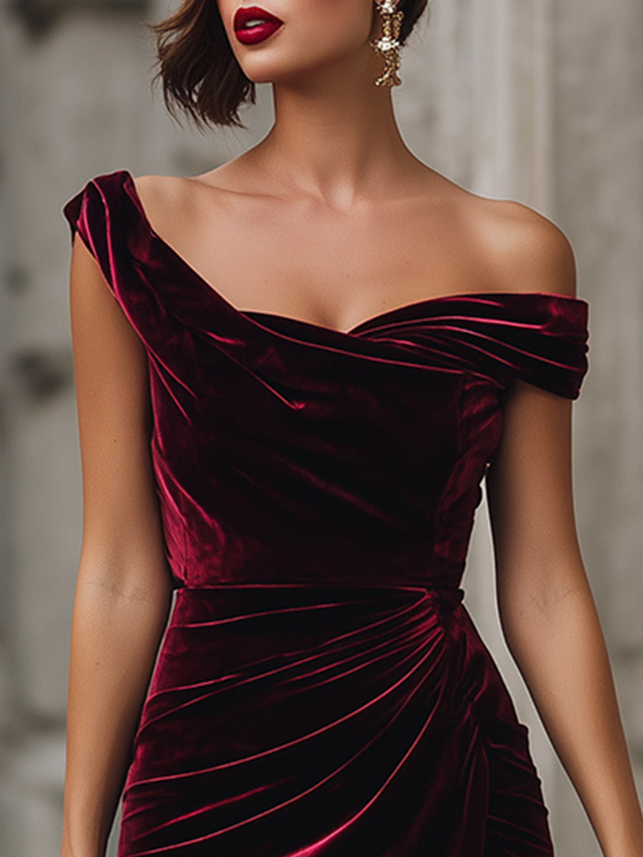 Ethereal Midnight Velvet Off-Shoulder Midi Dress