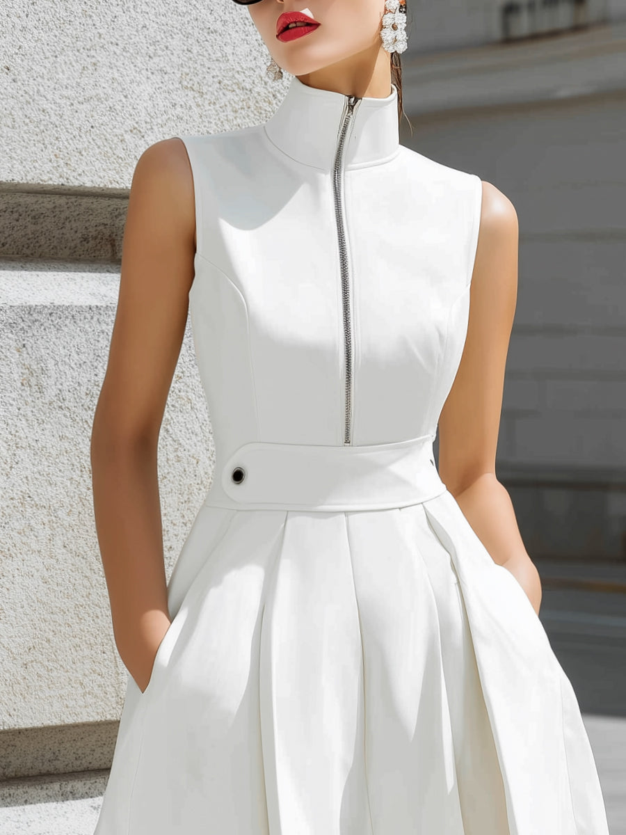 Sleeveless High-Neck Zip Front A-Line Midi Dress