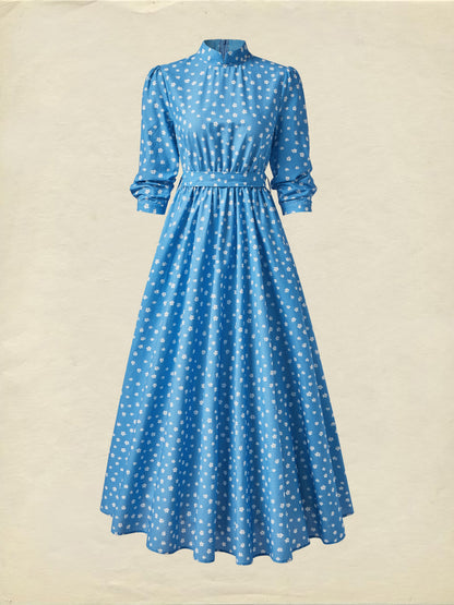 Maxi Linen Dress, 3/4 Sleeves, Stand Collar, Floral, Linen Blend, Blue