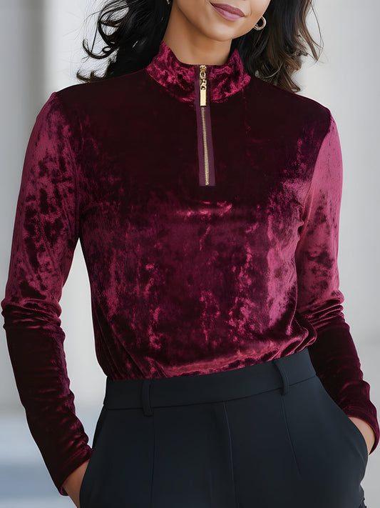 Velvet Zip-Front Turtleneck Top