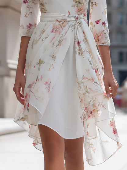 Floral Chiffon Asymmetrical Midi Dress With Waist Tie