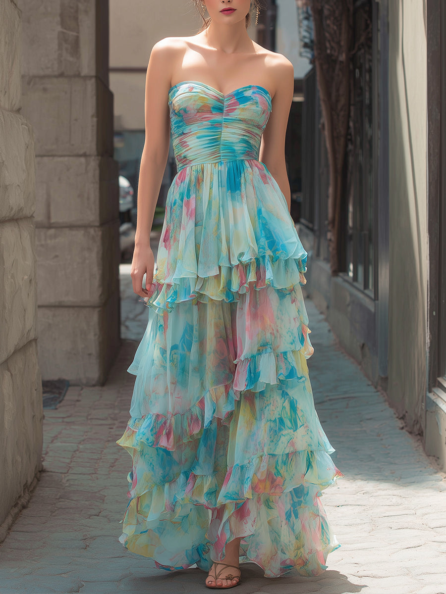 Strapless Watercolor Print Tiered Maxi Dress