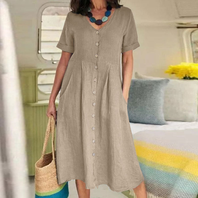 Plus Size Solid Color Loose High Waist Cotton and Linen Dress