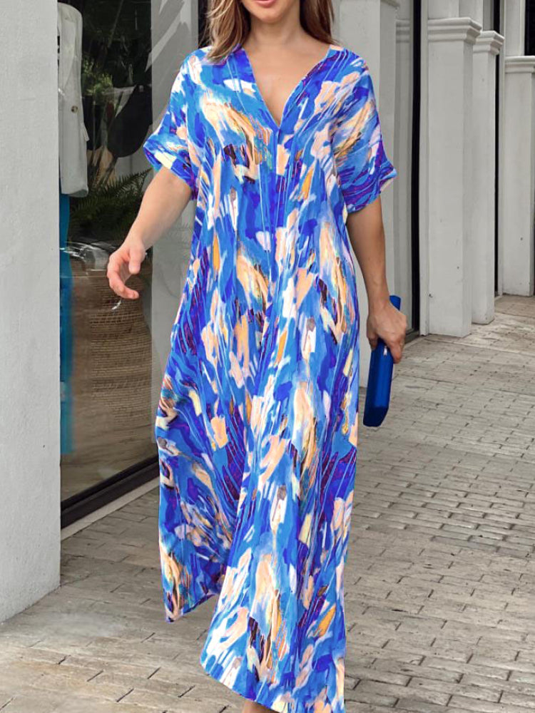 High Waist Printed Short Sleeve V-neck Maxi Boho Dress