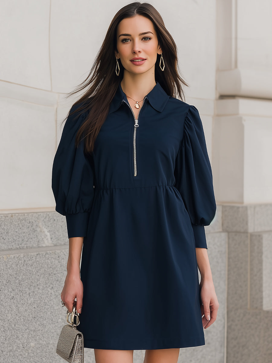 Navy Collared Half-Zip Puff-Sleeve Mini Dress