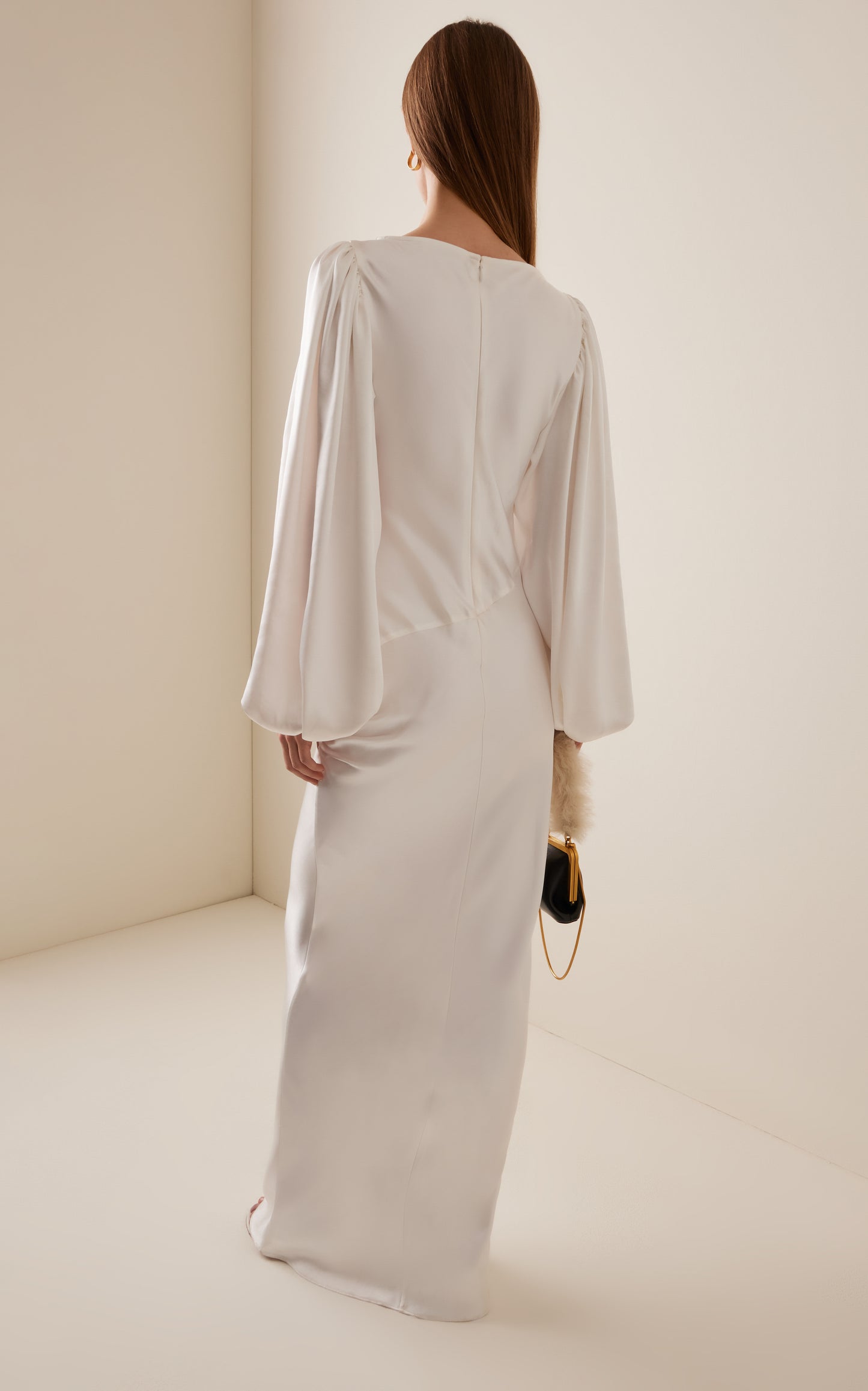 Vivir Baloon-Sleeve Rose-Detailed Hammered-Satin Maxi Dress