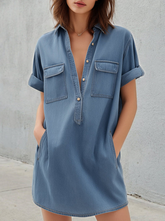 Relaxed Short-Sleeves Denim Shirt Dress