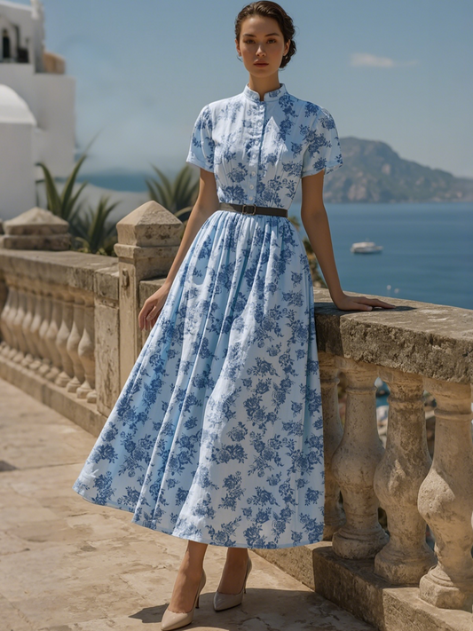 Linen Maxi Dress, Short Sleeve, Stand Collar, Floral, Vintage, Blue