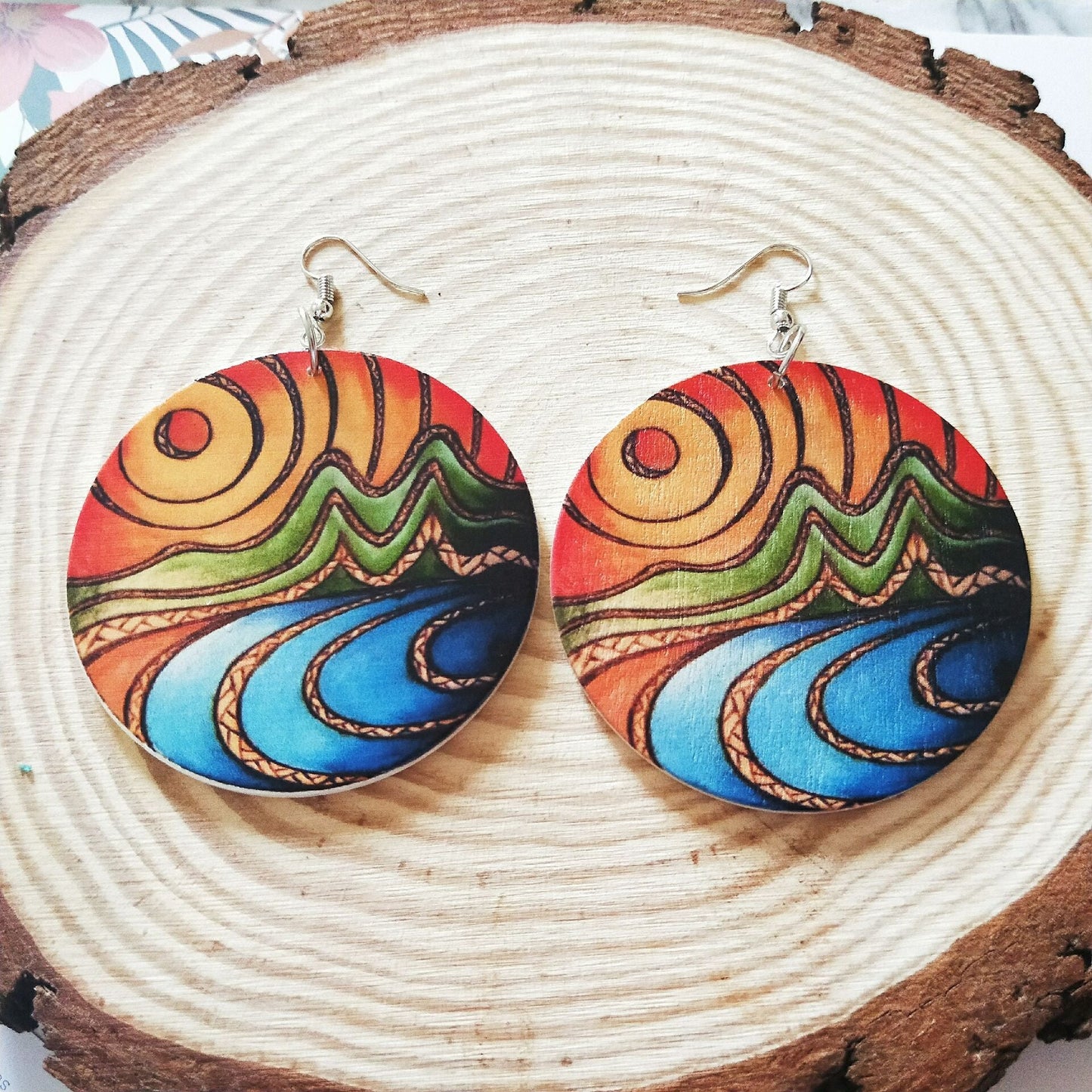 Geometric circular wooden earrings with patterns