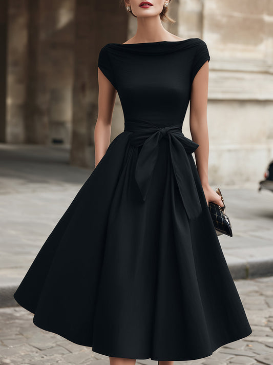 Cap-Sleeve Bow-Waist Midi Dress