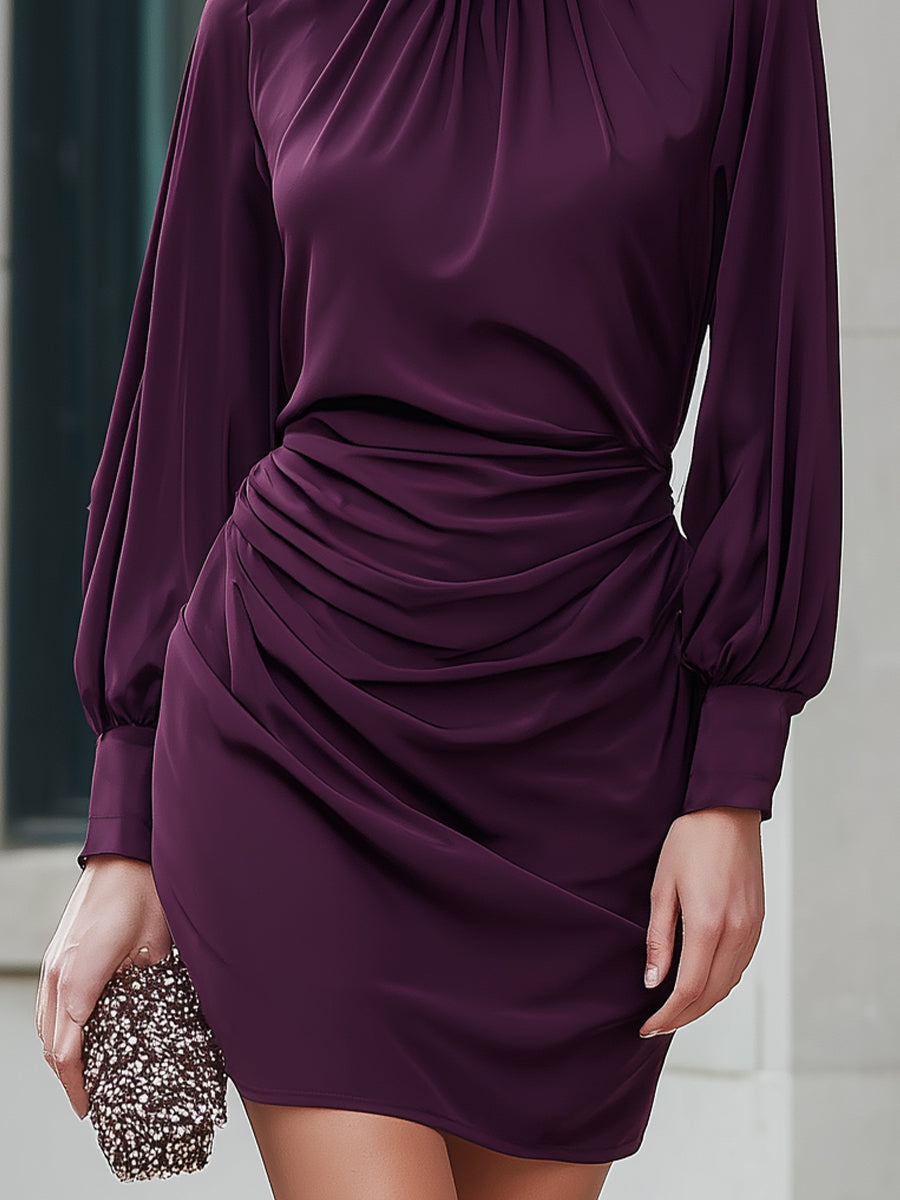 Ruched High Neck Long Sleeve Mini Dress