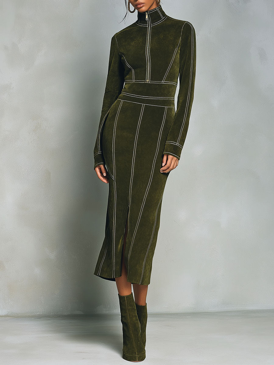 High Neck Zip-Up Olive Green Midi Dress With Contrast Stitching