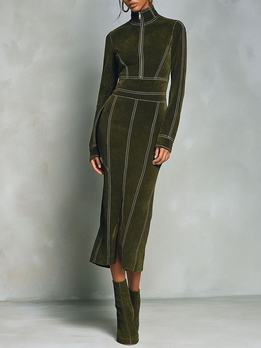High Neck Zip-Up Olive Green Midi Dress With Contrast Stitching