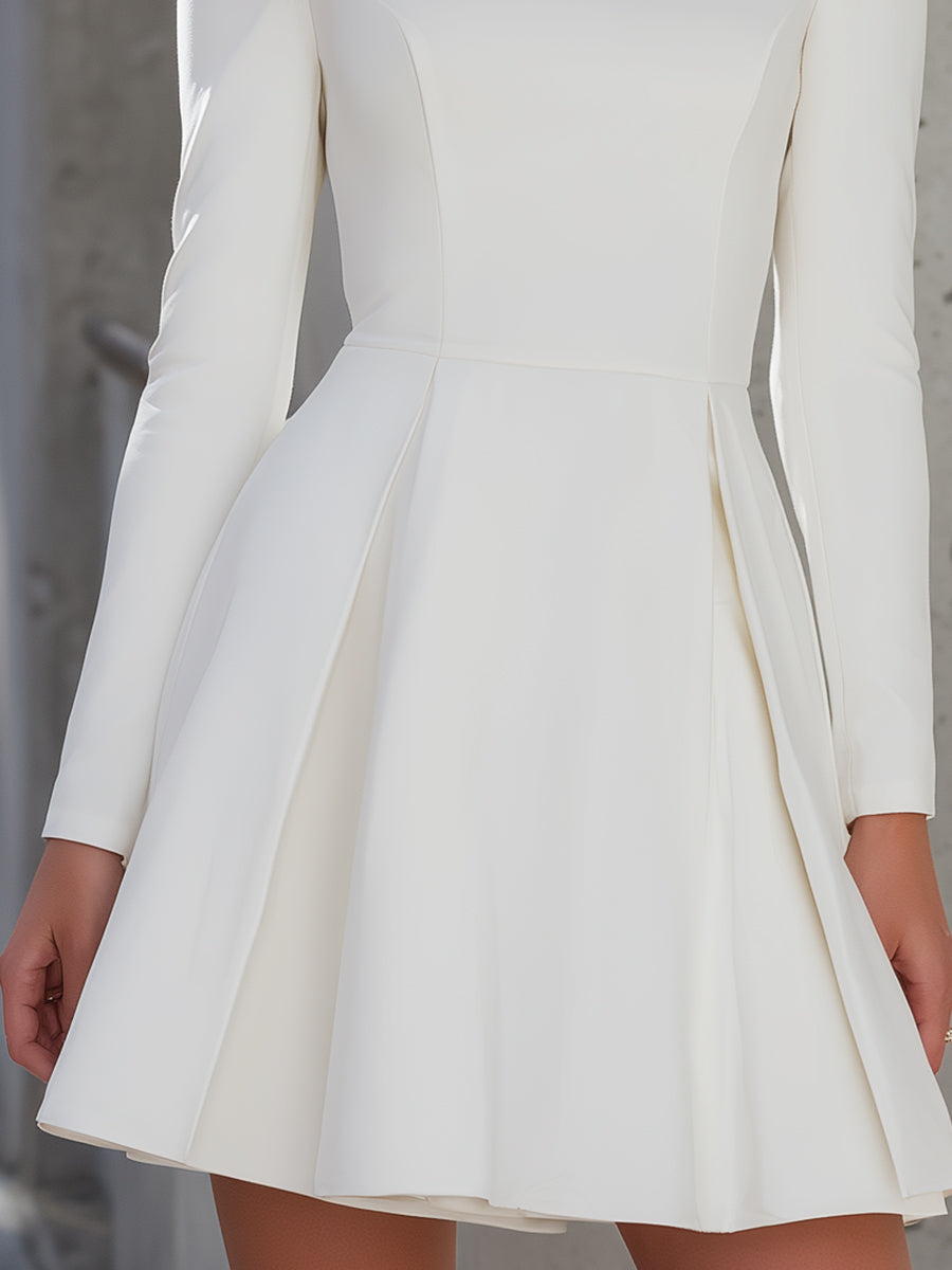 White Long-Sleeve Structured Fit-and-Flare Mini Dress
