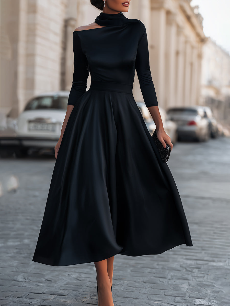 Asymmetric High-Neck Long Sleeve Midi Dress