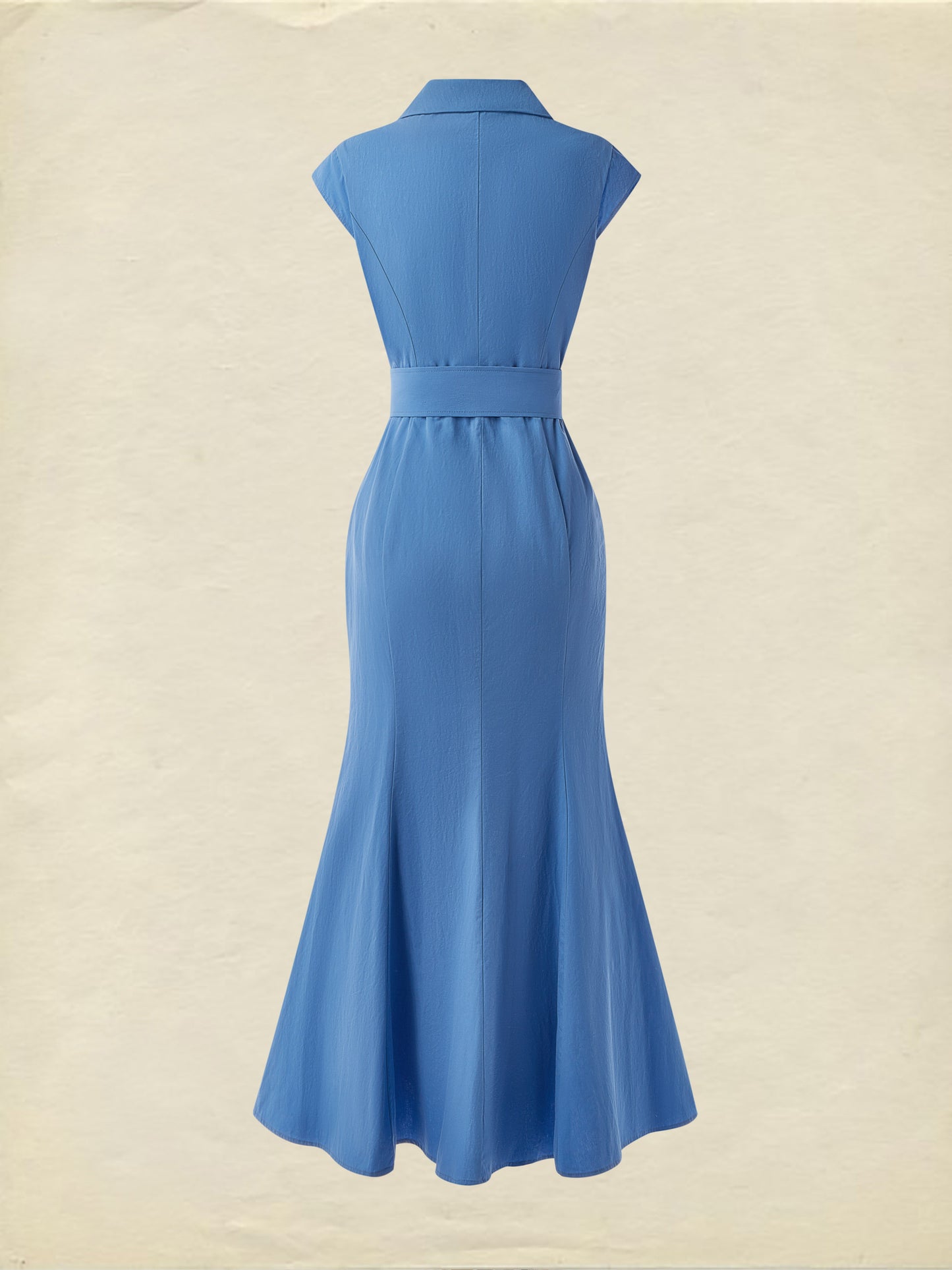 (SIZE:XS-XXL) Cotton Maxi Dress, Cap Sleeve, Lapel Collar, Plain, Vintage, Green