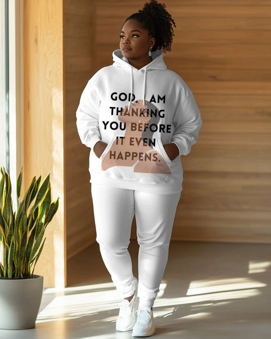 GOD I'M THANKING YOU BEFORE IT EVEN HAPPENS. Print Long Sleeve Hoodie Two Pieces Set