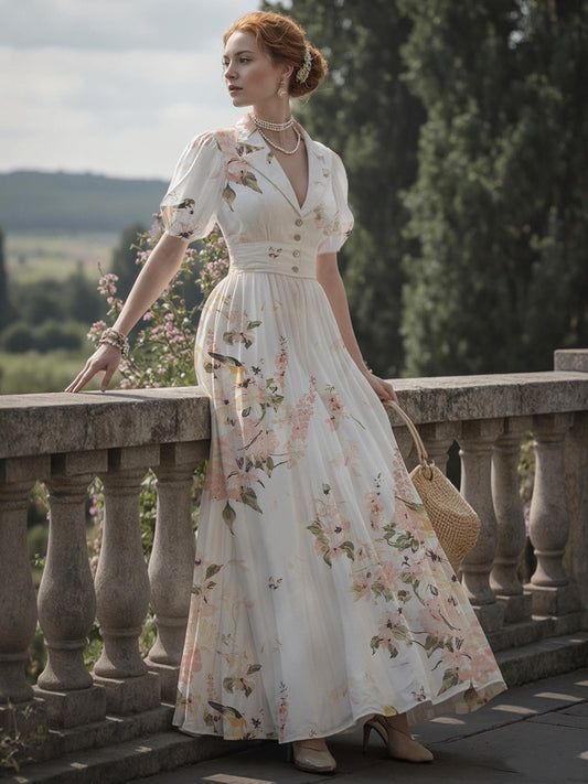 Linen Maxi Dress, Balloon Sleeve, Shawl Collar, Floral, Vintage, White
