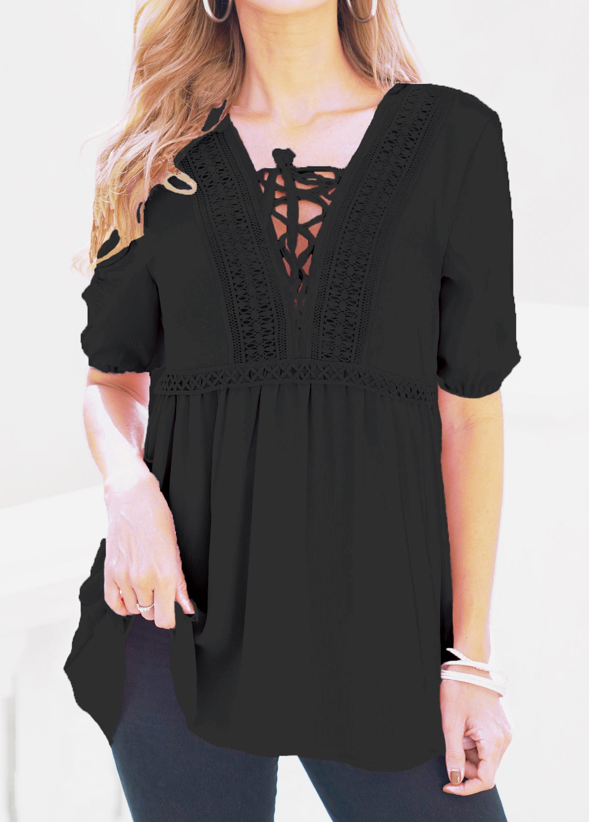 Women's Chiffon V-neck Short-Sleeved Lace Dress